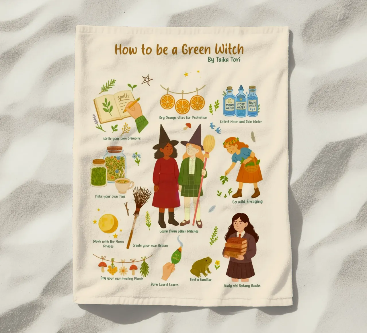 How to be a Green Witch - crayon style illustration telo mare da Taika Tori Art