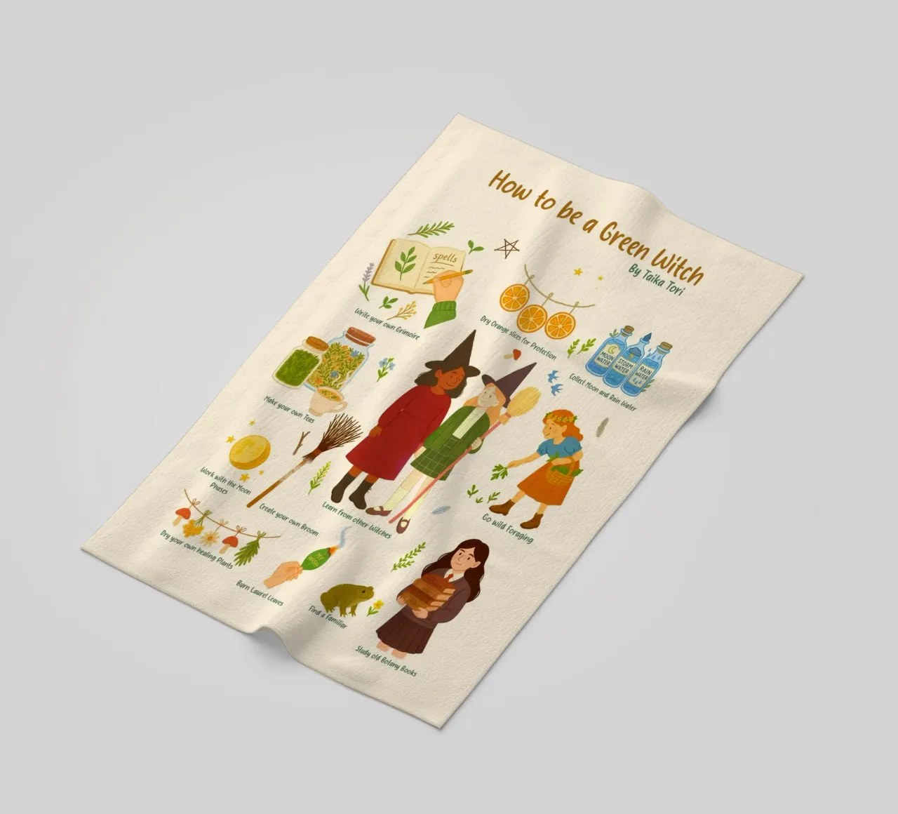 How to be a Green Witch - crayon style illustration telo mare da Taika Tori Art