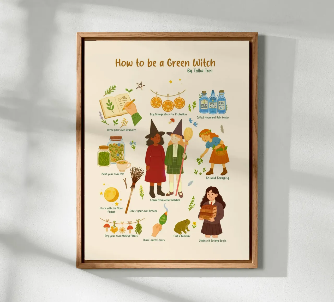 How to be a Green Witch - crayon style illustration alluminio dibond da Taika Tori Art
