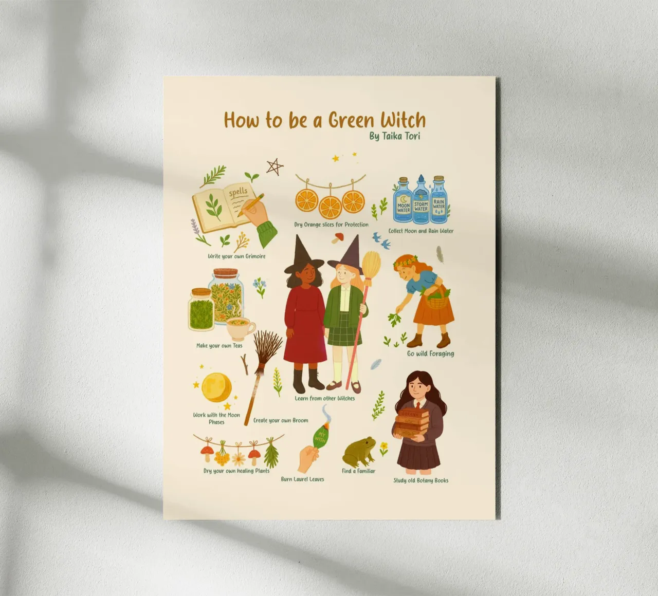 How to be a Green Witch - crayon style illustration alluminio dibond da Taika Tori Art