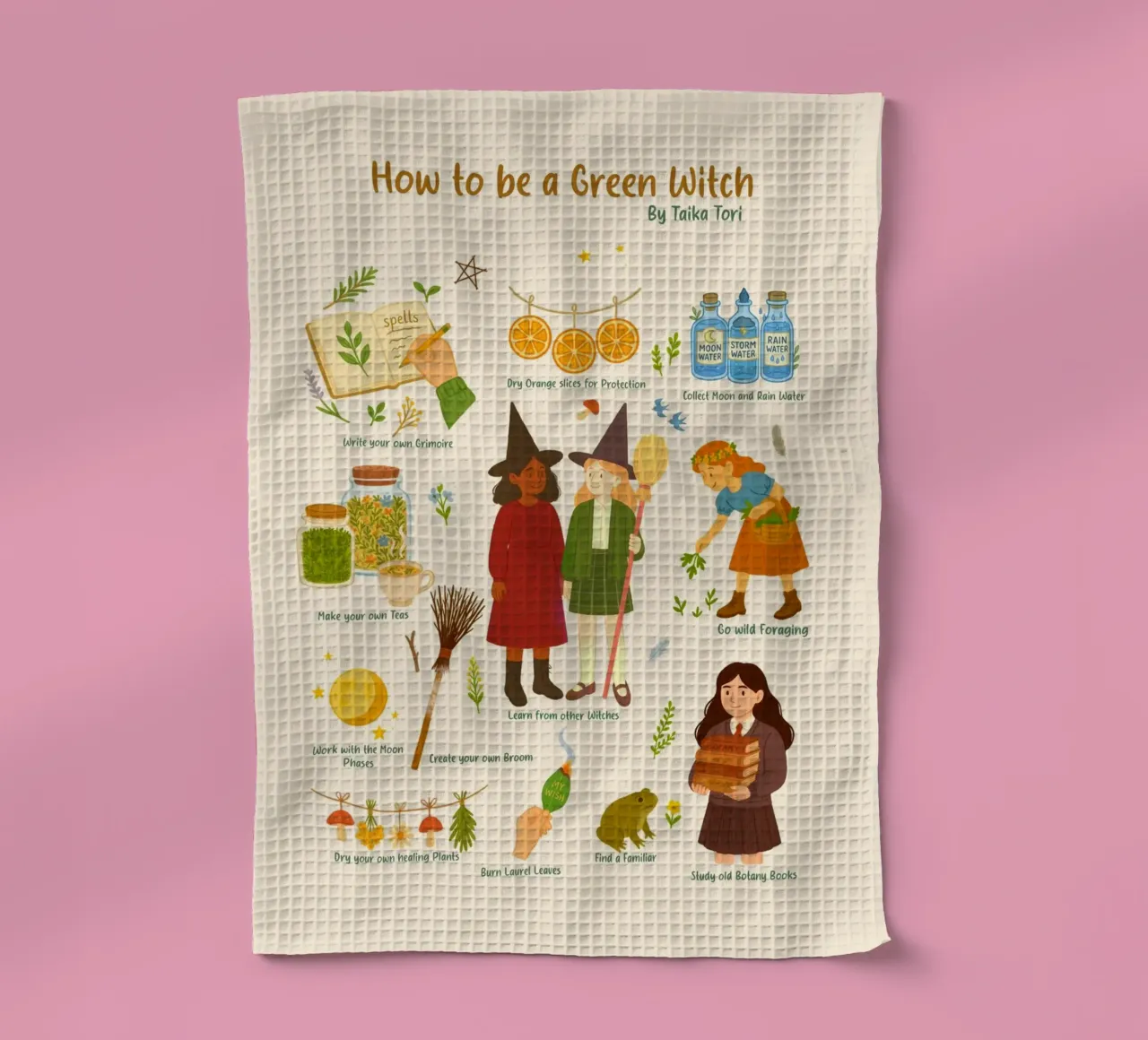 How to be a Green Witch - crayon style illustration canovaccio da cucina da Taika Tori Art