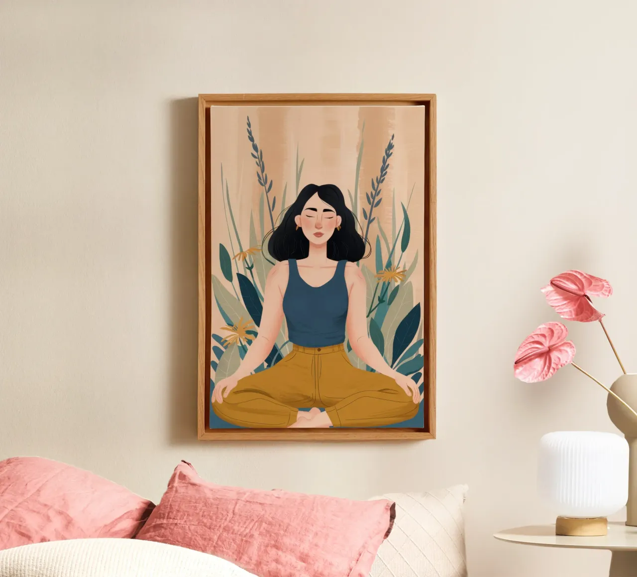 Serene Yoga Houding canvas met Baklijst van Thistle Bloom