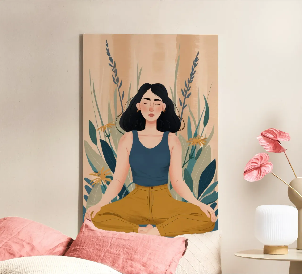 Serene Yoga Houding canvas met Baklijst van Thistle Bloom
