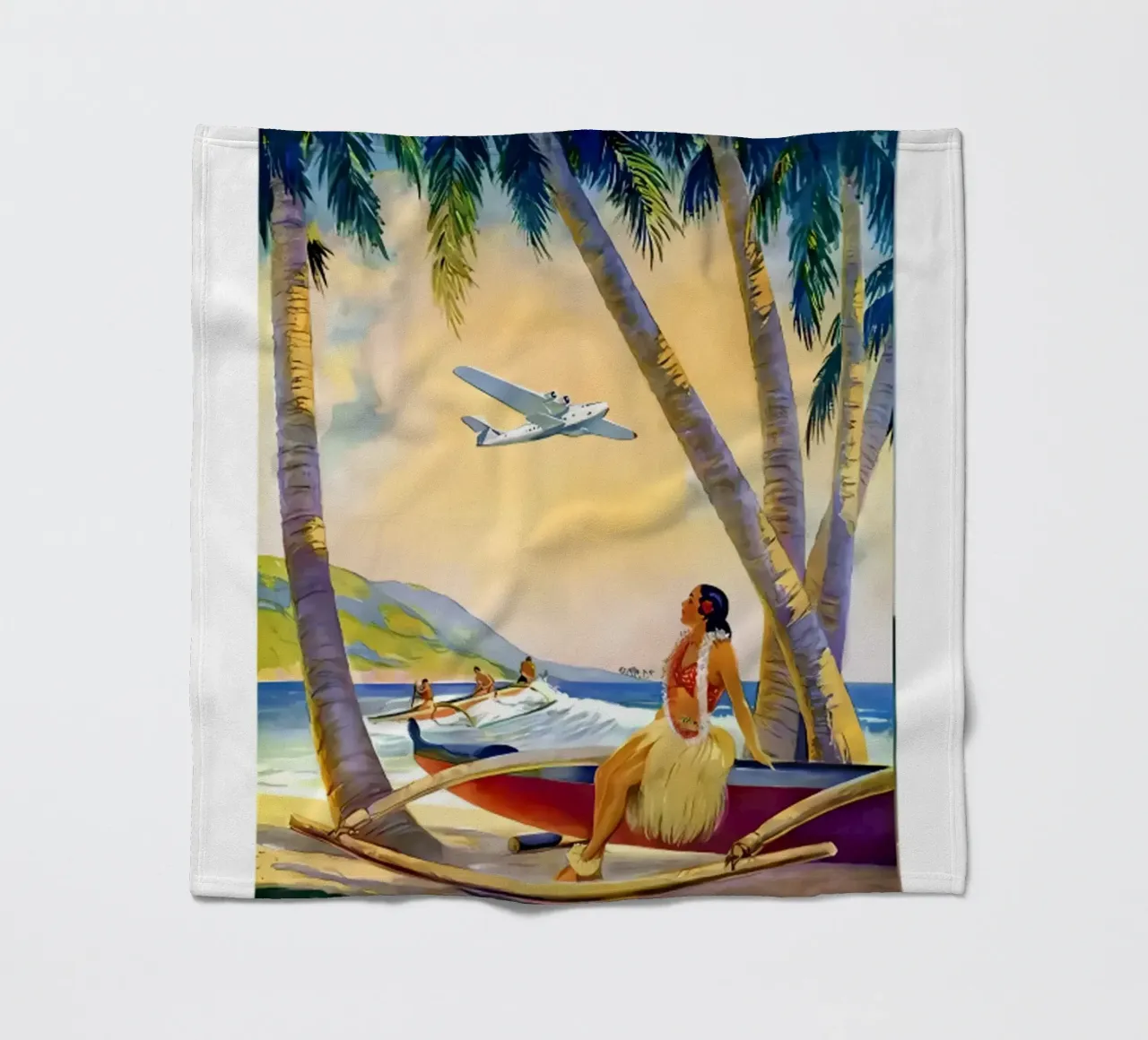 Ragazza hawaiana Hula su una canoa Outrigger a Pearl Harbor coperta in pile da eugene shop