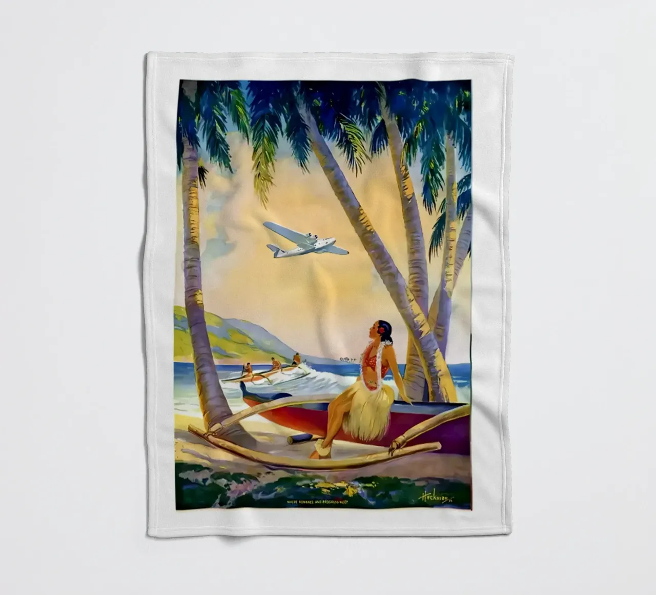 Ragazza hawaiana Hula su una canoa Outrigger a Pearl Harbor coperta in pile da eugene shop