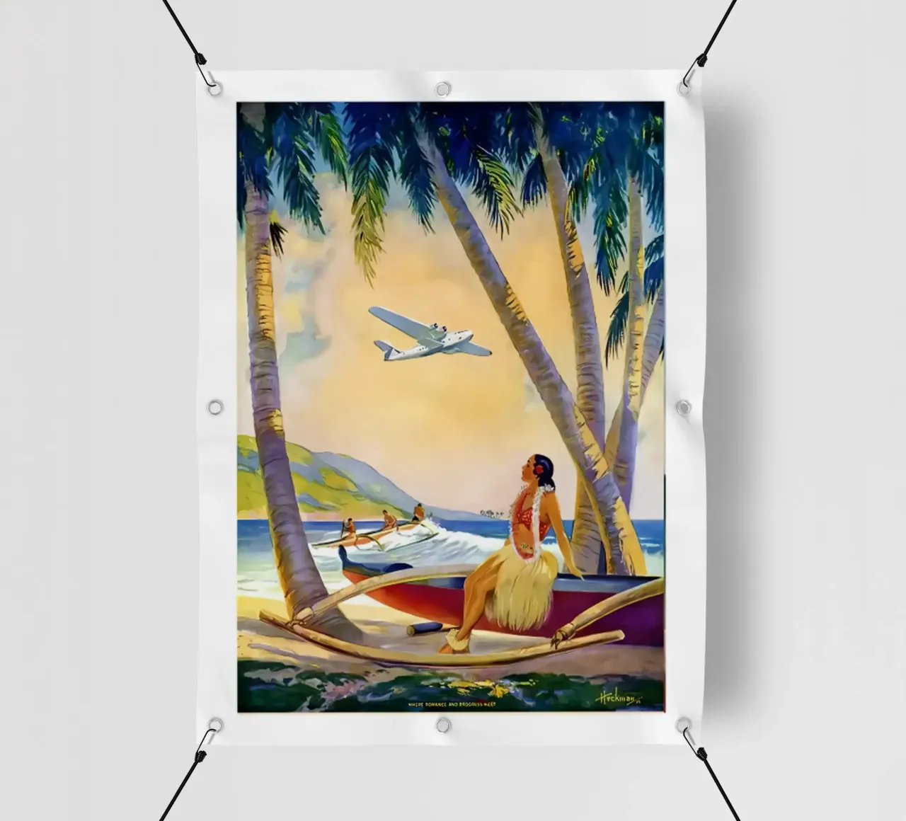 Ragazza hawaiana Hula su una canoa Outrigger a Pearl Harbor telo in pvc da eugene shop
