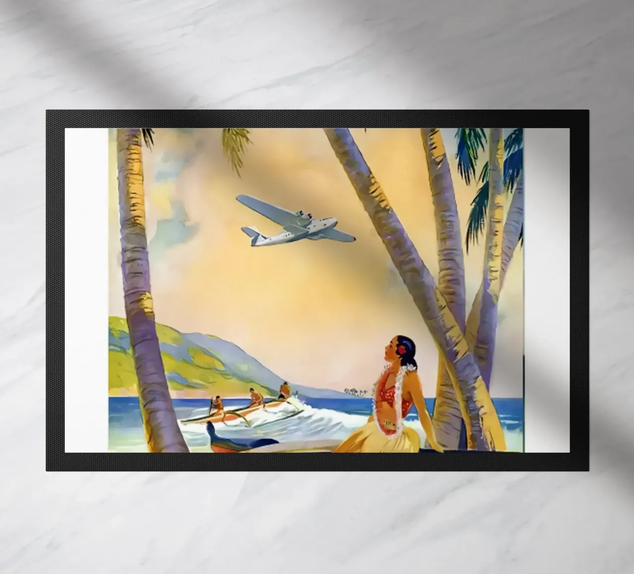 Ragazza hawaiana Hula su una canoa Outrigger a Pearl Harbor zerbino da eugene shop