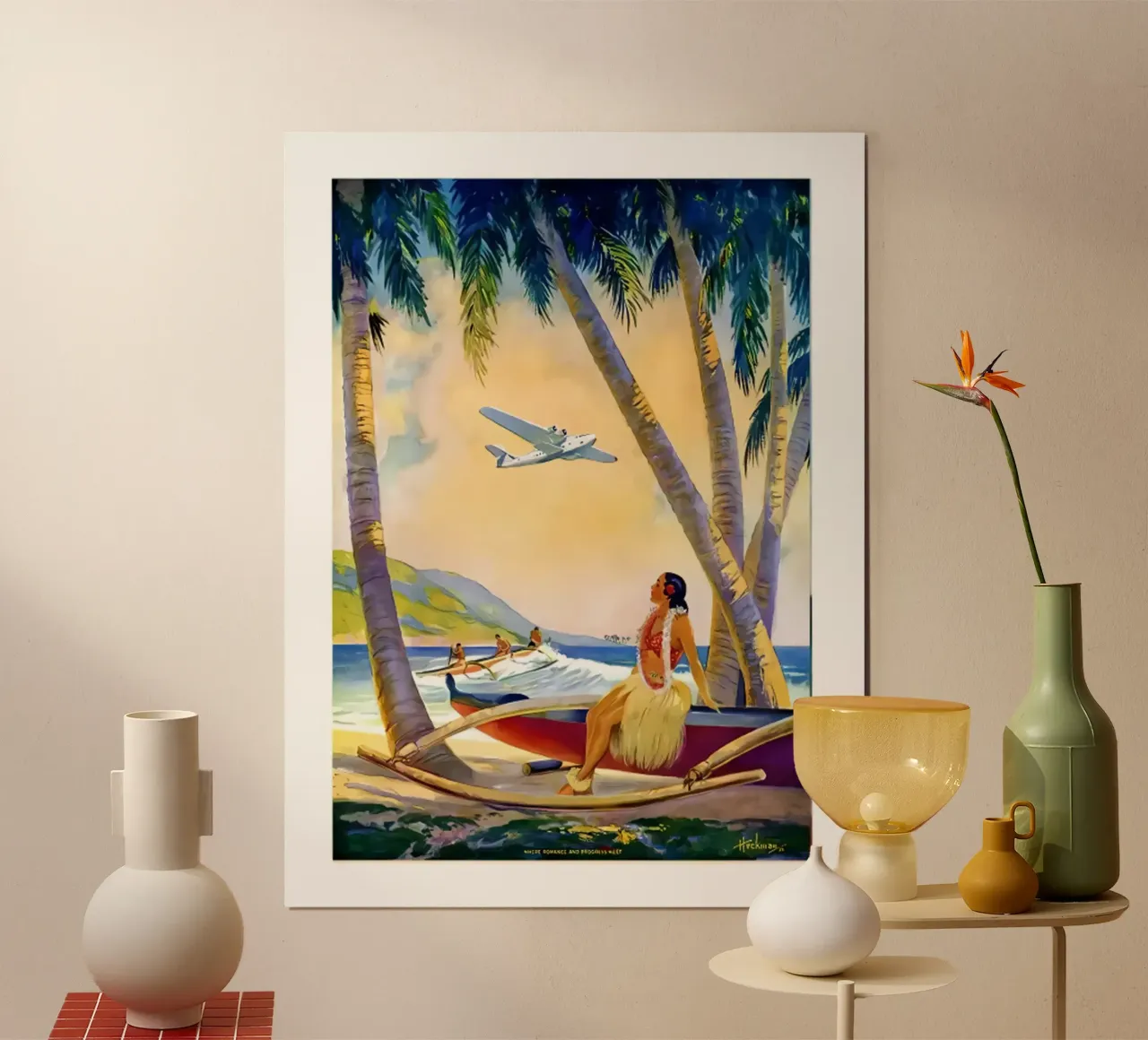 Ragazza hawaiana Hula su una canoa Outrigger a Pearl Harbor carta hahnemühle da eugene shop