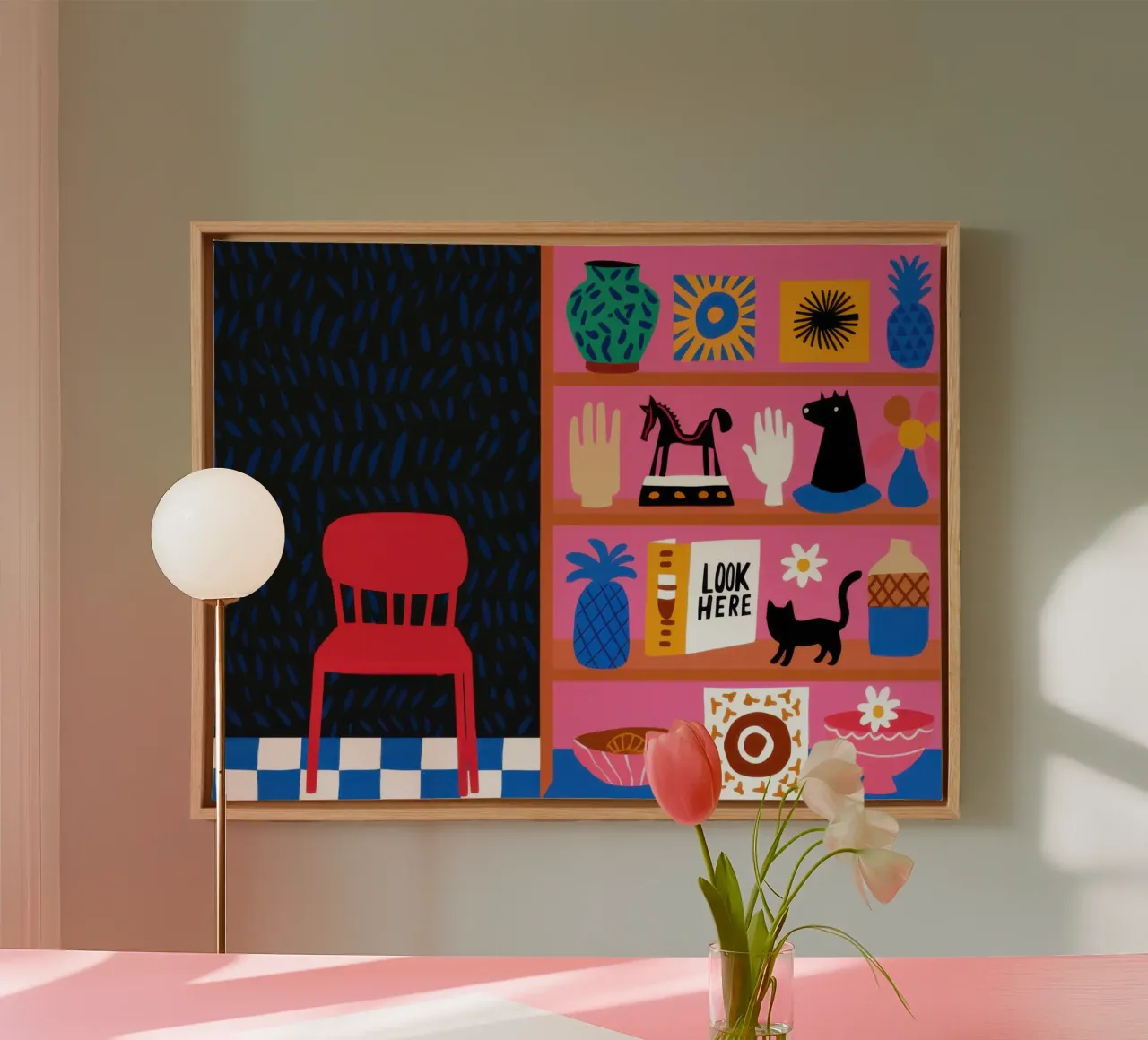 Eclectische plank met curiosa canvas met Baklijst van Thistle Bloom