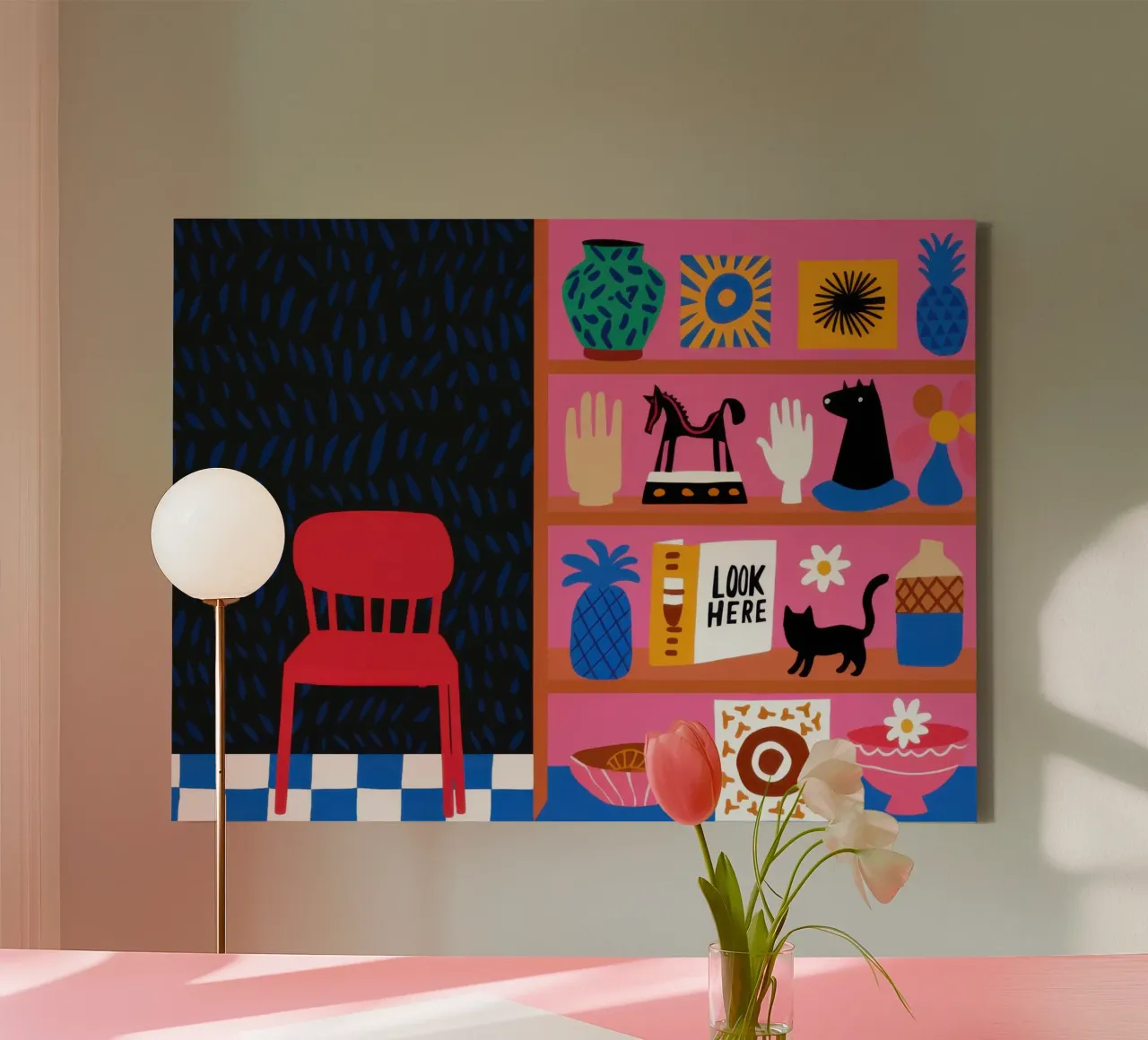 Eclectische plank met curiosa canvas met Baklijst van Thistle Bloom