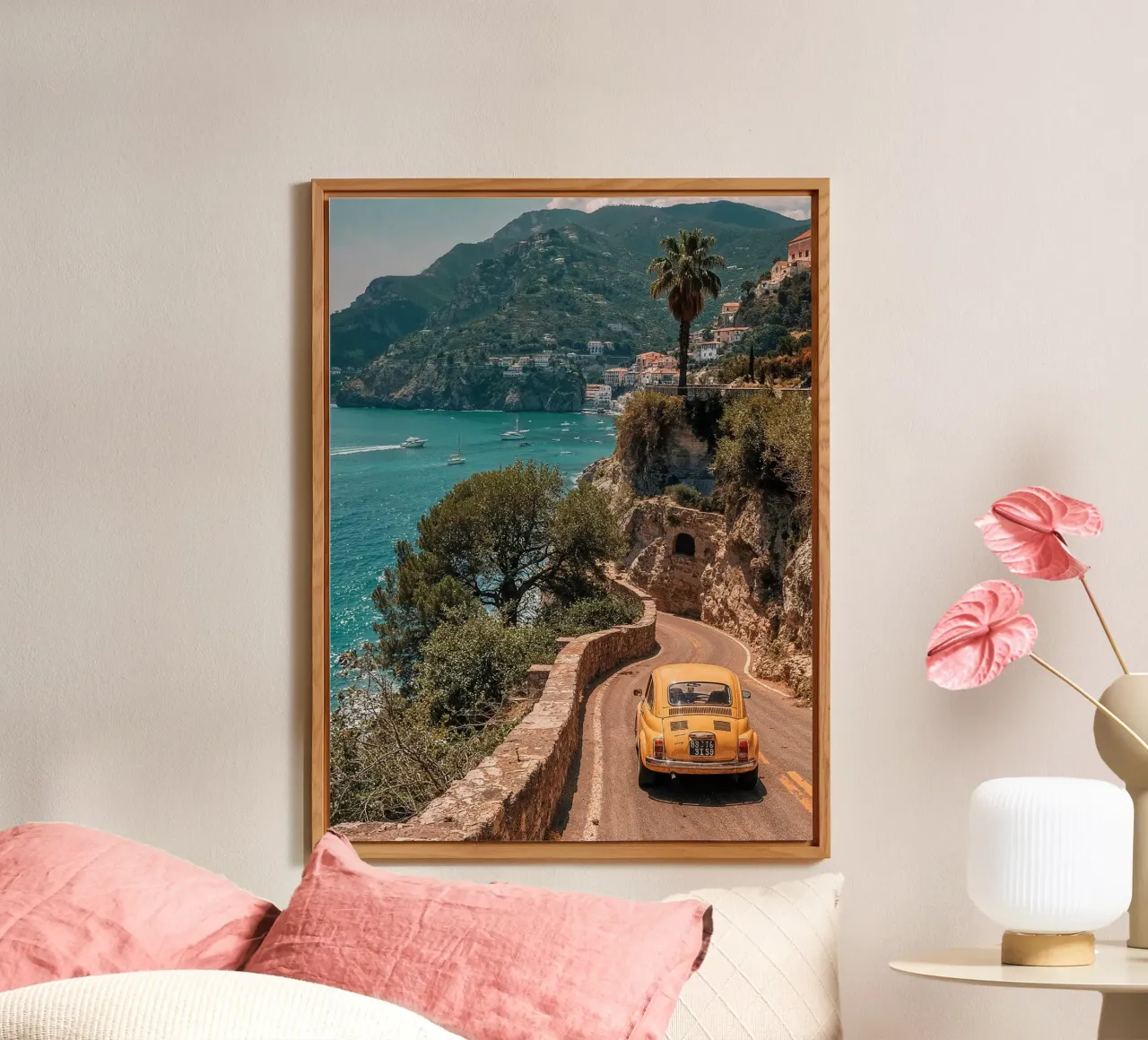 Amalfi Coast road trip - poster with vintage car alu-dibond by BLICKPUNKT