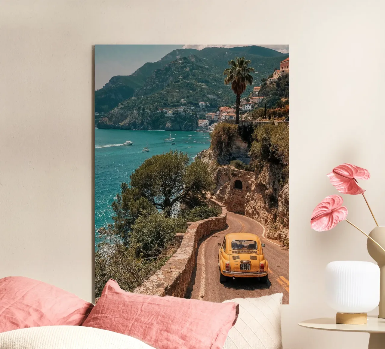 Amalfi Coast road trip - poster with vintage car alu-dibond by BLICKPUNKT