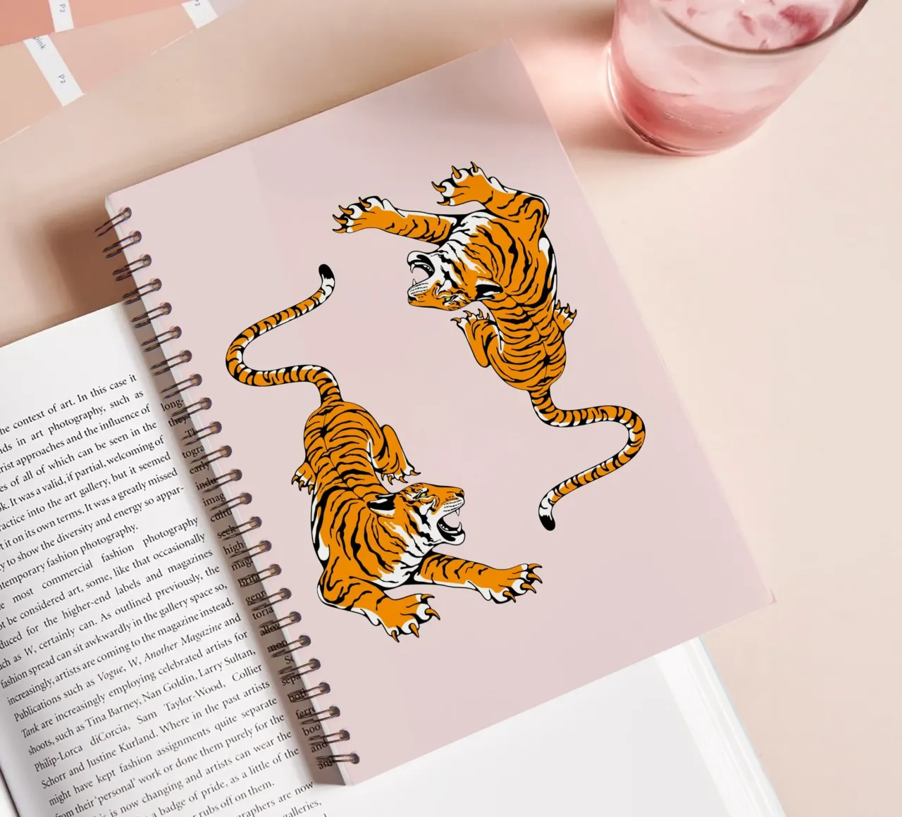 Dynamic Roaring Tigers Pink Background Art Print spiral notebook by homdeco