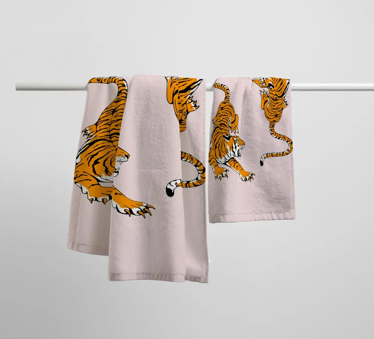 Dynamic Roaring Tigers Pink Background Art Print towel by homdeco