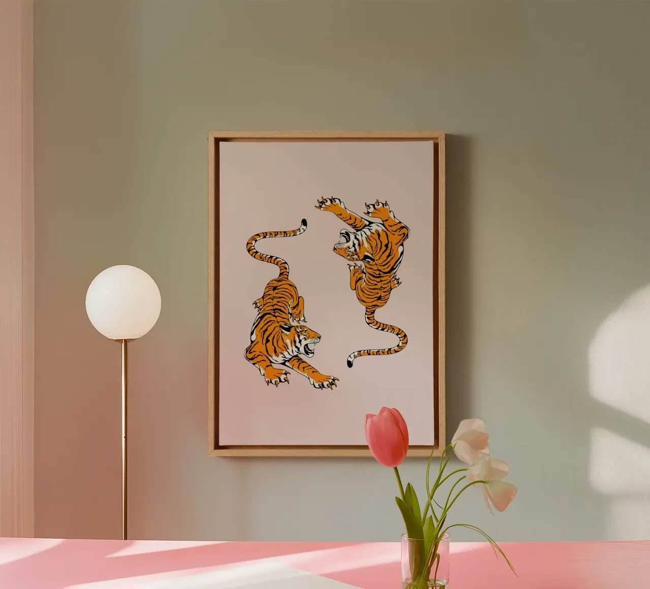 Dynamic Roaring Tigers Pink Background Art Print canvas by homdeco