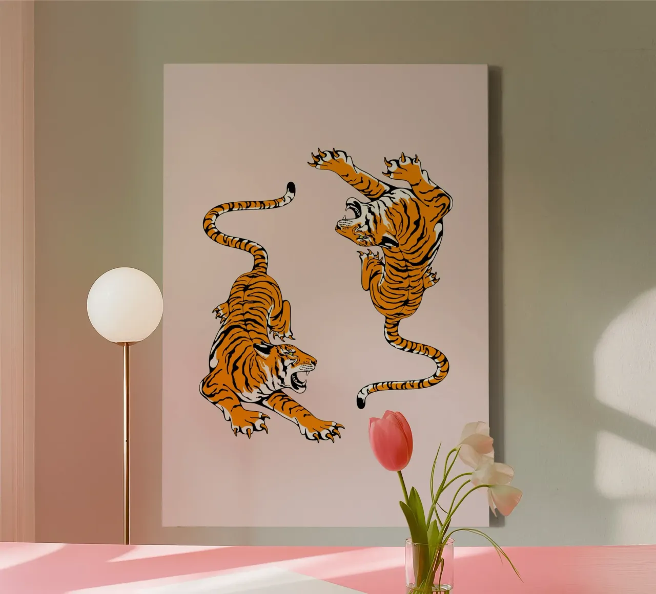 Dynamic Roaring Tigers Pink Background Art Print canvas by homdeco