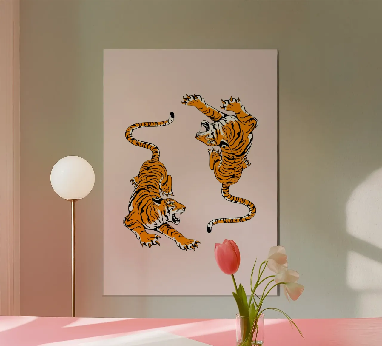 Dynamic Roaring Tigers Rosa Hintergrund Kunstdruck Hahnemühle von homdeco