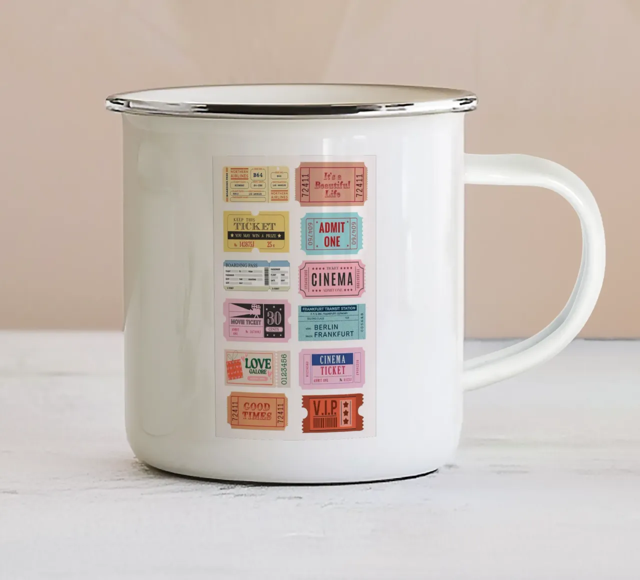 Collezione di biglietti d'epoca Stampa pop art retrò tazza in smalto da homdeco