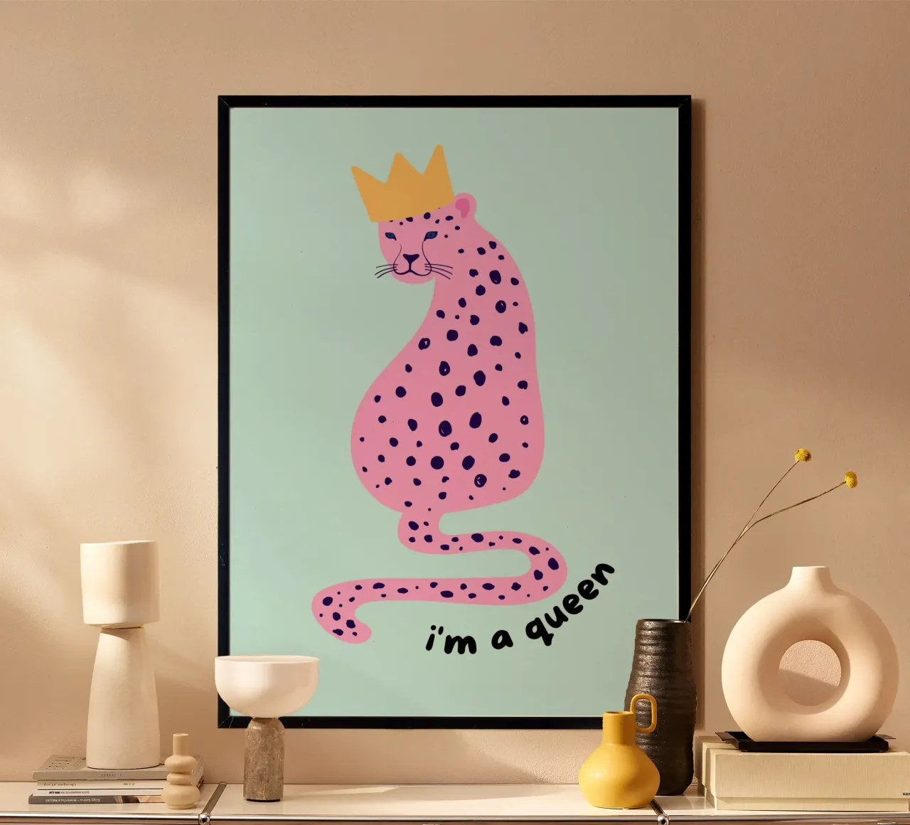 Impression d'art "I'm a Queen" (Je suis une reine) Couronne léopard rose poster avec cadre en plastique de homdeco