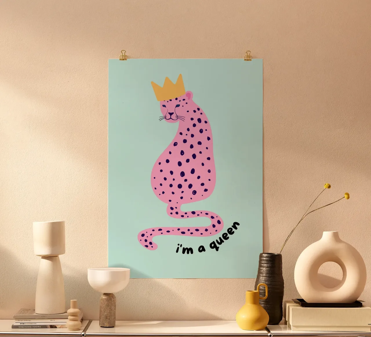 Impression d'art "I'm a Queen" (Je suis une reine) Couronne léopard rose poster avec cadre en plastique de homdeco