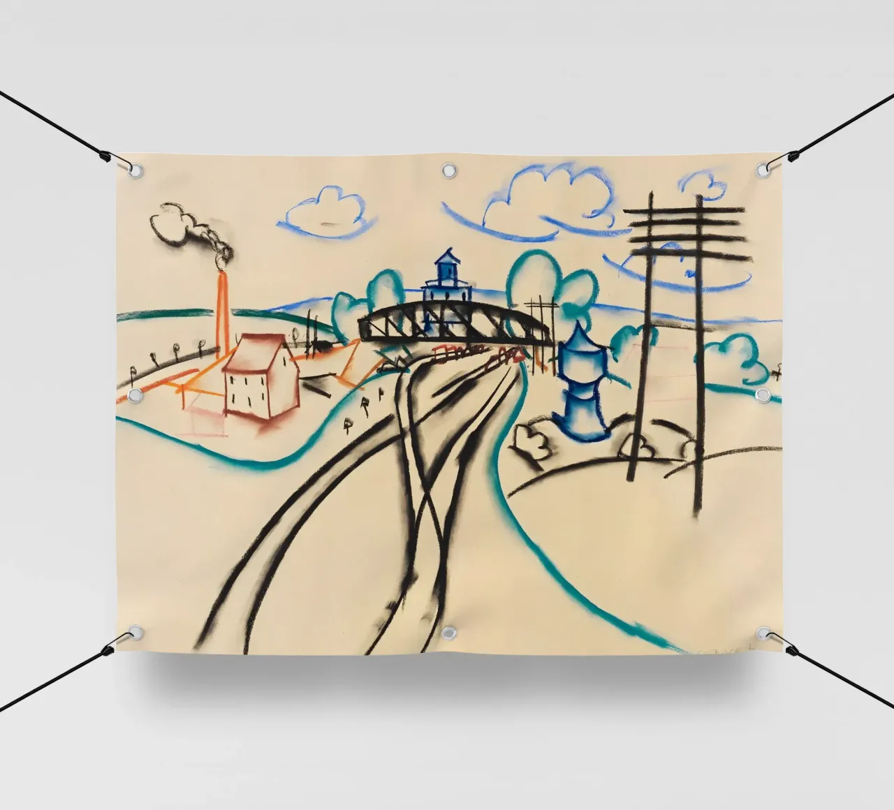 Schizzo a pastello con stazione ferroviaria e fumo - Immagine di design urbano telo in pvc da Kunst und Kontrast