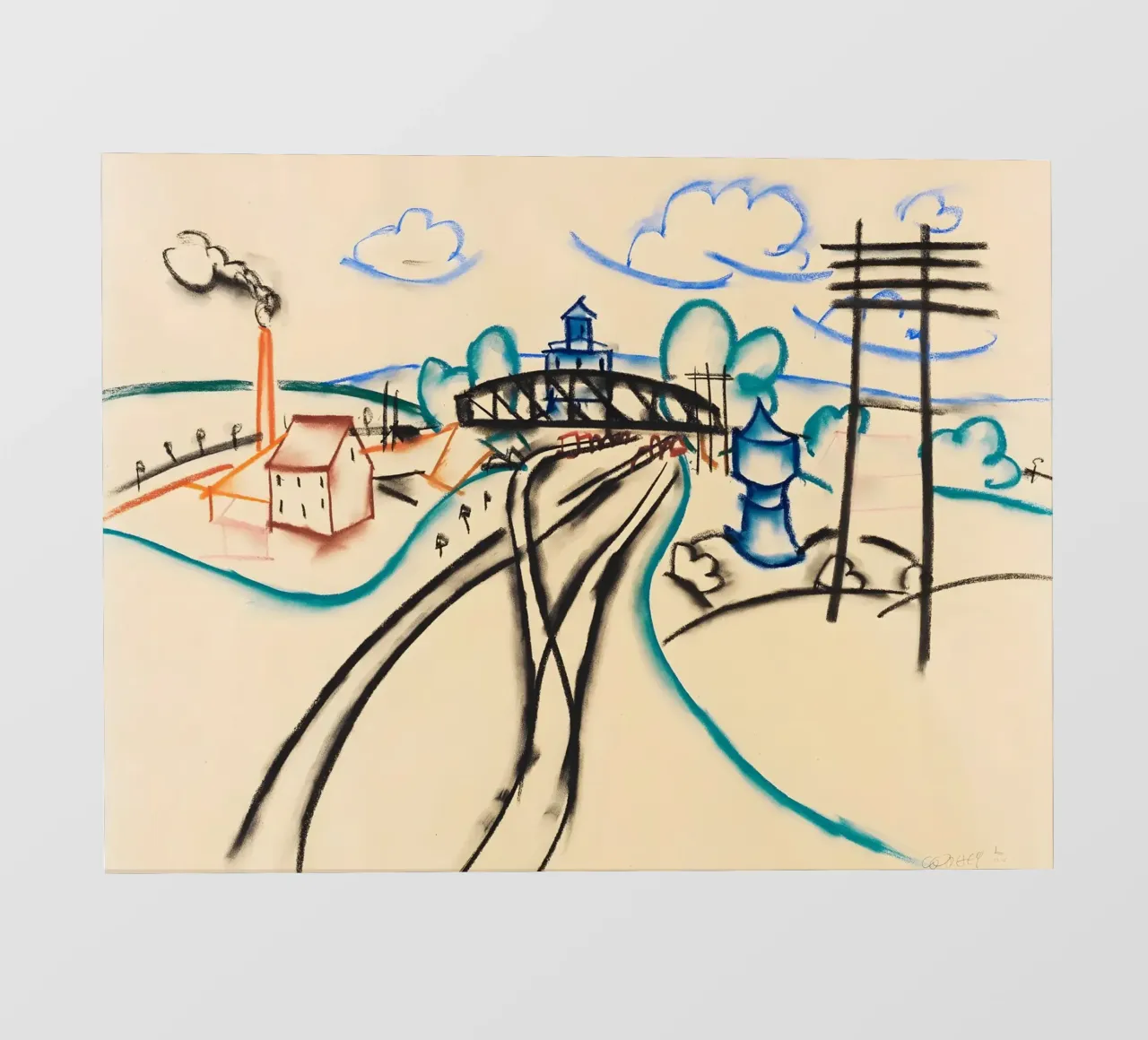 Schizzo a pastello con stazione ferroviaria e fumo - Immagine di design urbano telo in pvc da Kunst und Kontrast