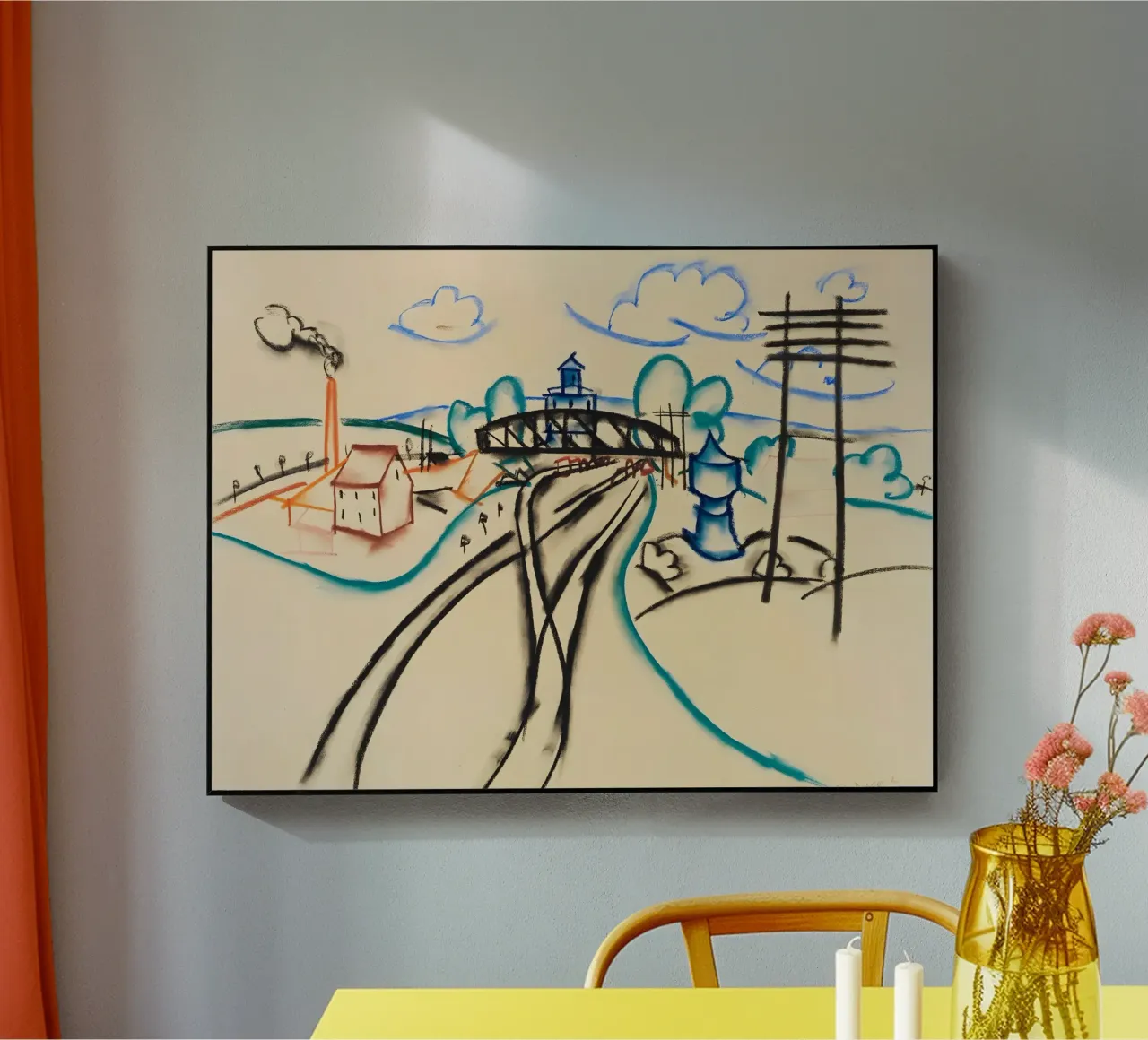 Schizzo a pastello con stazione ferroviaria e fumo - Immagine di design urbano plexiglass da Kunst und Kontrast