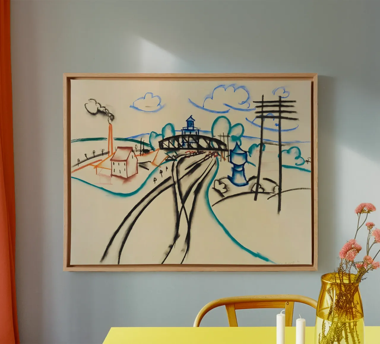 Pastelschets met treinstation en rook - Stedenbouw afbeelding canvas met Baklijst van Kunst und Kontrast