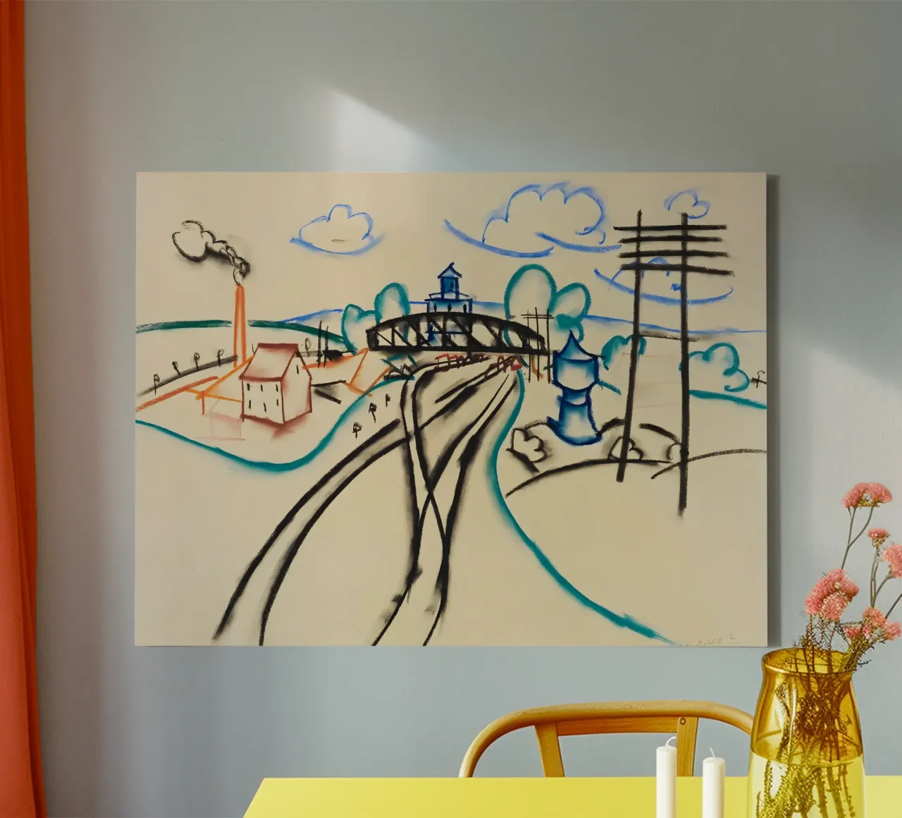 Pastelschets met treinstation en rook - Stedenbouw afbeelding canvas met Baklijst van Kunst und Kontrast