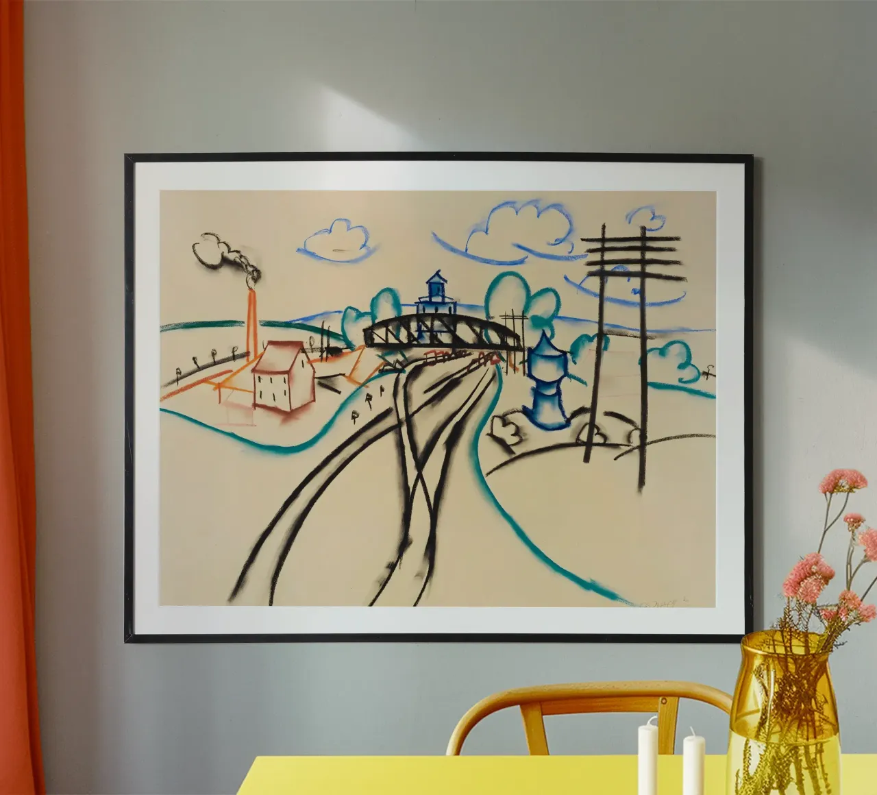 Pastelschets met treinstation en rook - Stedenbouw afbeelding poster met kunststof frame van Kunst und Kontrast