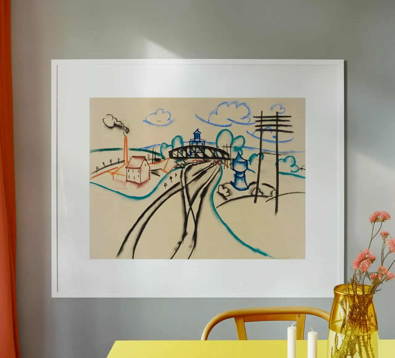 Pastelschets met treinstation en rook - Stedenbouw afbeelding poster met kunststof frame van Kunst und Kontrast