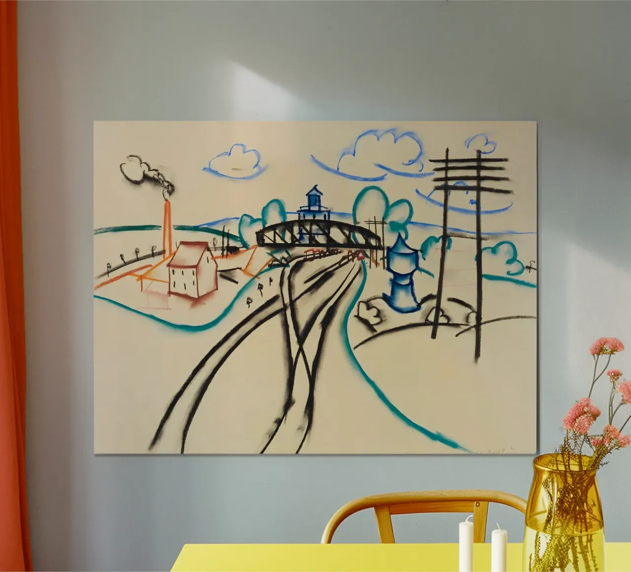 Pastelschets met treinstation en rook - Stedenbouw afbeelding poster met kunststof frame van Kunst und Kontrast