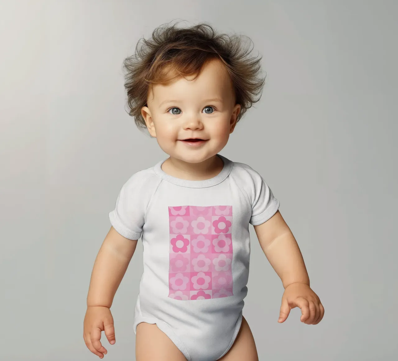 Groovy Pink Flower Power Checkerboard Print short-sleeve baby romper by homdeco
