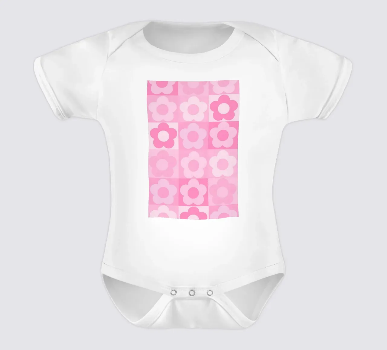 Groovy Pink Flower Power Checkerboard Print short-sleeve baby romper by homdeco