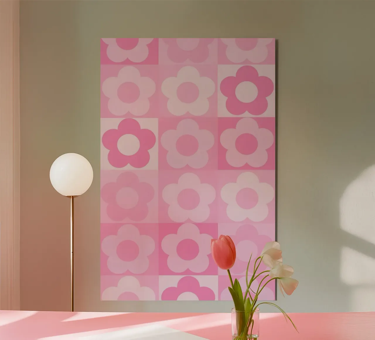 Stampa a scacchiera Groovy Pink Flower Power alluminio dibond da homdeco