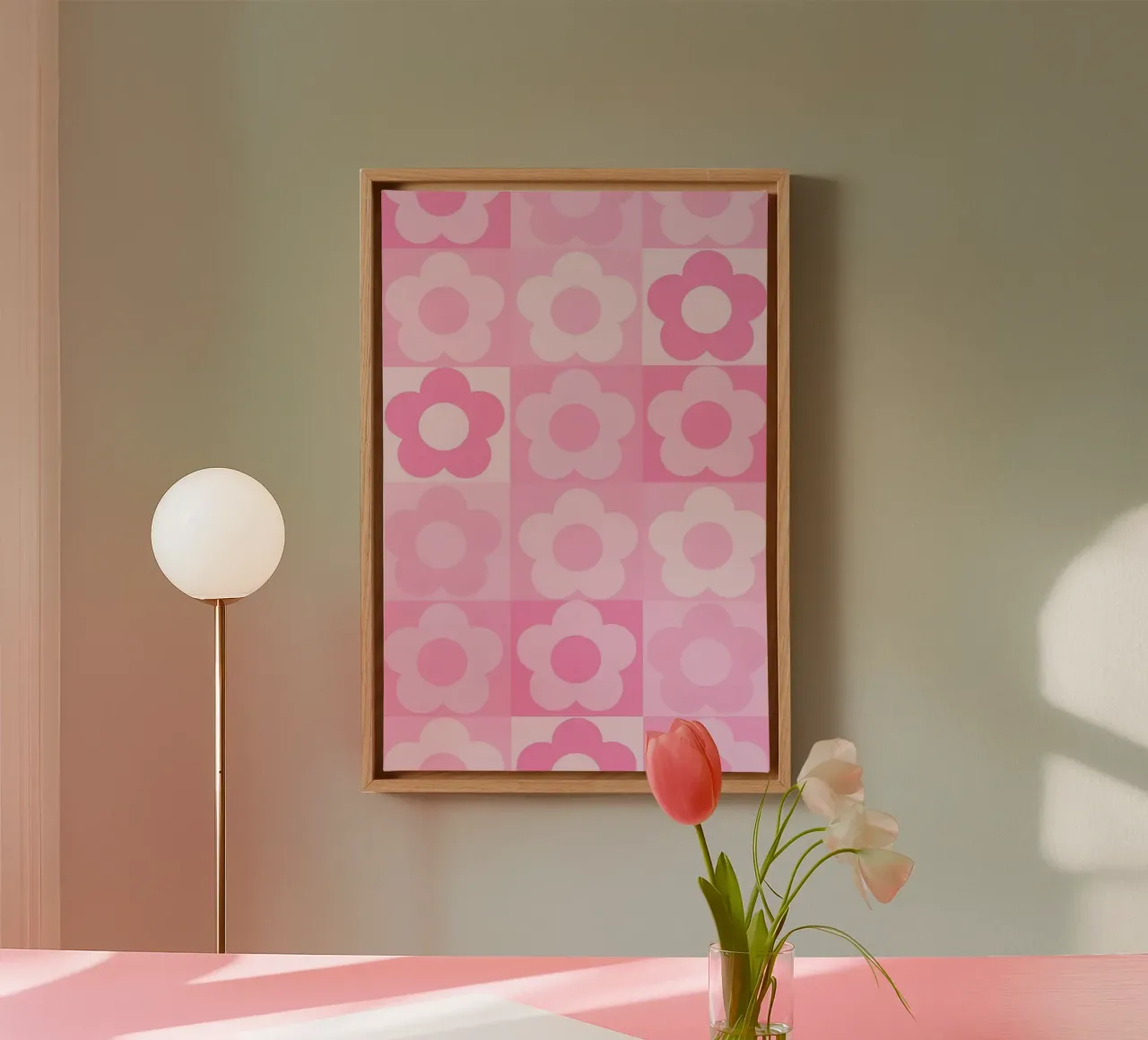 Groovy Pink Flower Power Checkerboard Print canvas by homdeco