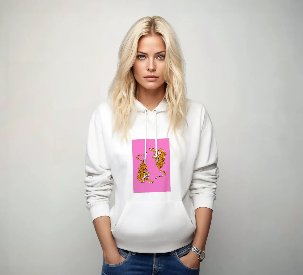 Dinamiche Tigri ruggenti Pop Art Sfondo rosa felpa con cappuccio da homdeco