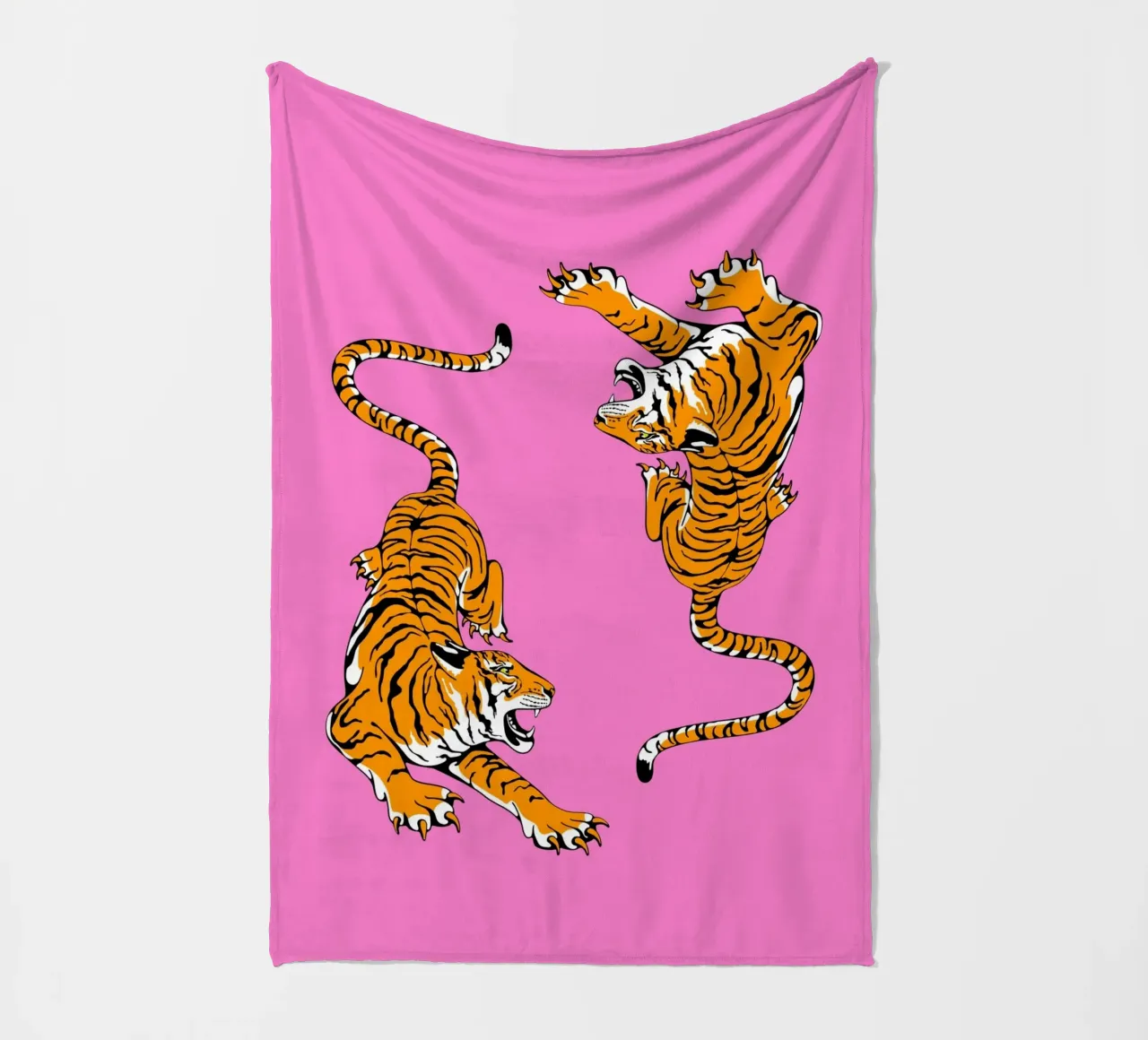 Dynamische brullende tijgers Pop Art roze achtergrond fleecedeken van homdeco