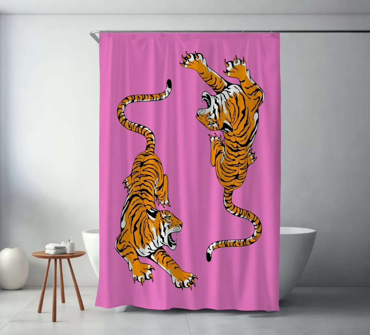 Dynamische brullende tijgers Pop Art roze achtergrond douchegordijn van homdeco