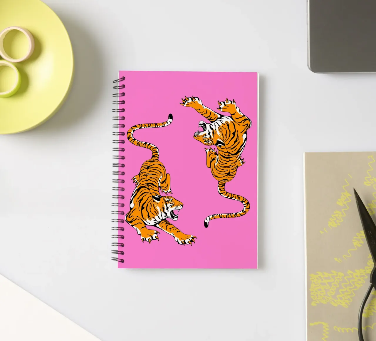 Dynamic Roaring Tigers Pop Art Pink Background spiral notebook by homdeco