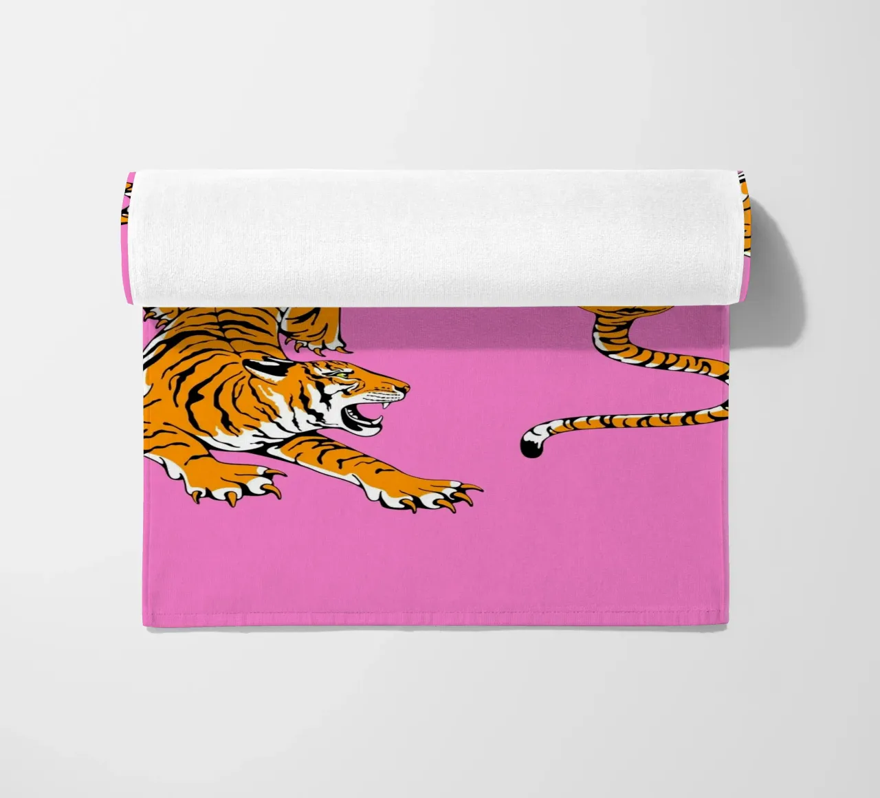 Dynamic Roaring Tigers Pop Art Pink Background beach towel by homdeco