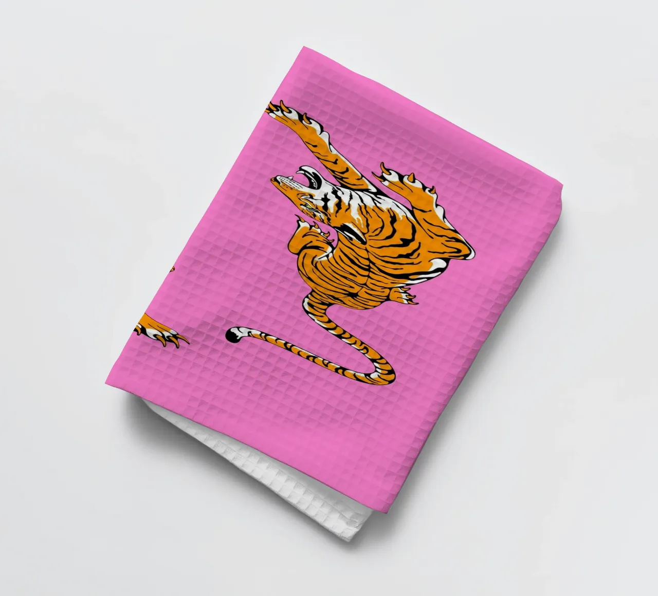 Dynamic Roaring Tigers Pop Art Pink Background tea towel by homdeco