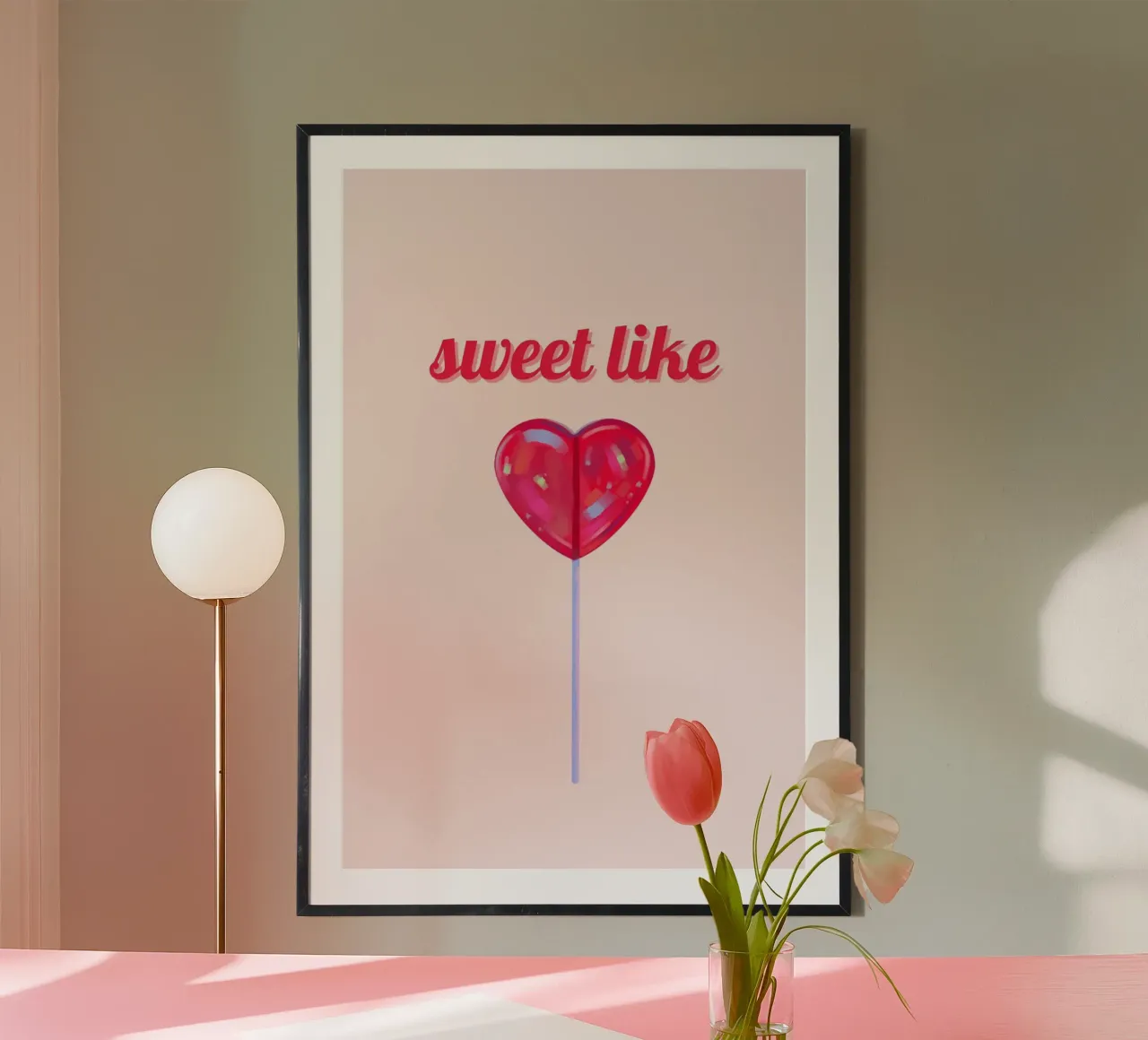 Dulce como un corazón Lollipop Pop Art Print poster con marco de madera de homdeco