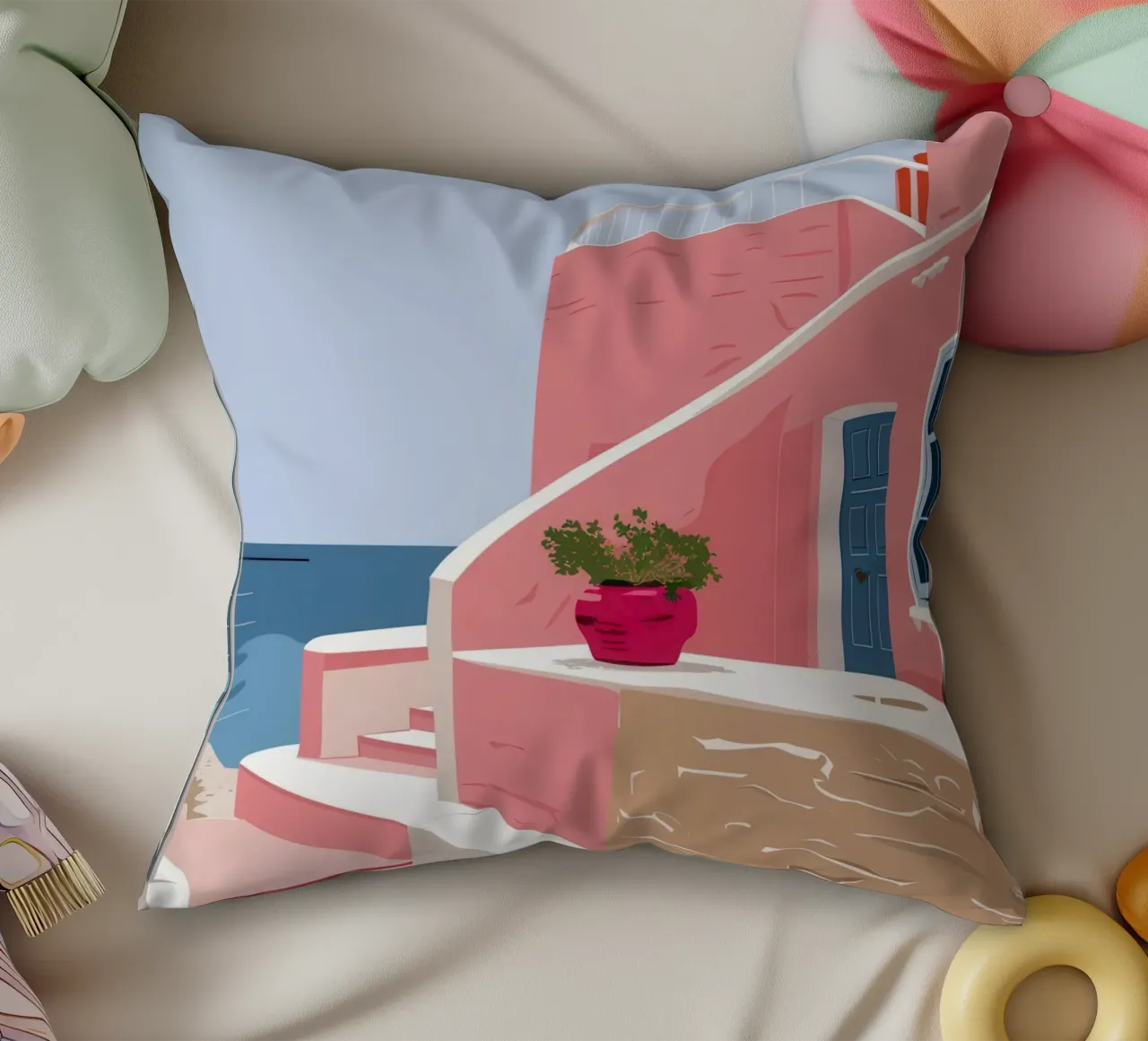 Aegean Stairway to Sea decorative cushion by Thistle Bloom