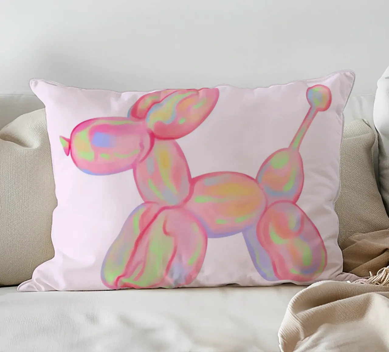 Stampa pop art del cane con palloncino rosa iridescente cuscino da homdeco