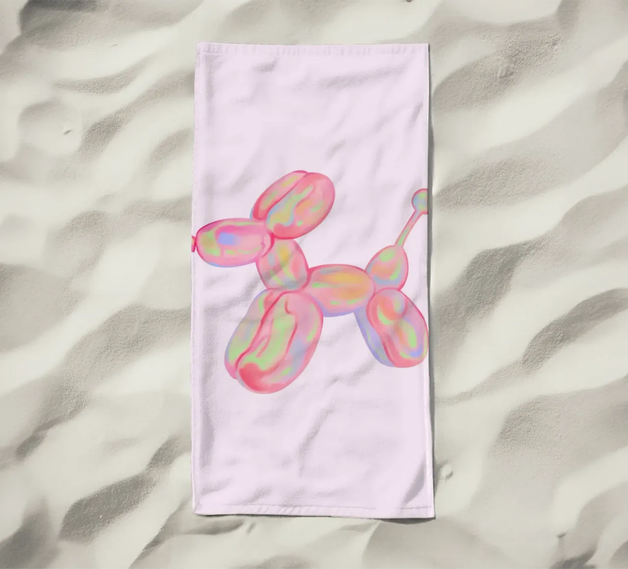 Stampa pop art del cane con palloncino rosa iridescente telo mare da homdeco