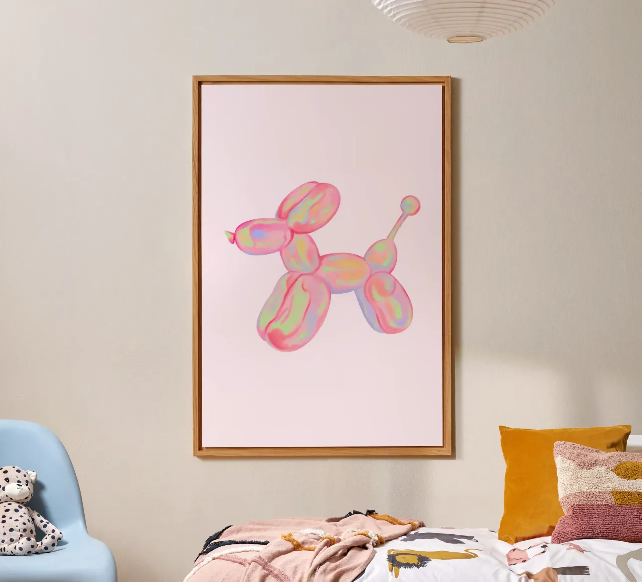 Stampa pop art del cane con palloncino rosa iridescente alluminio dibond da homdeco