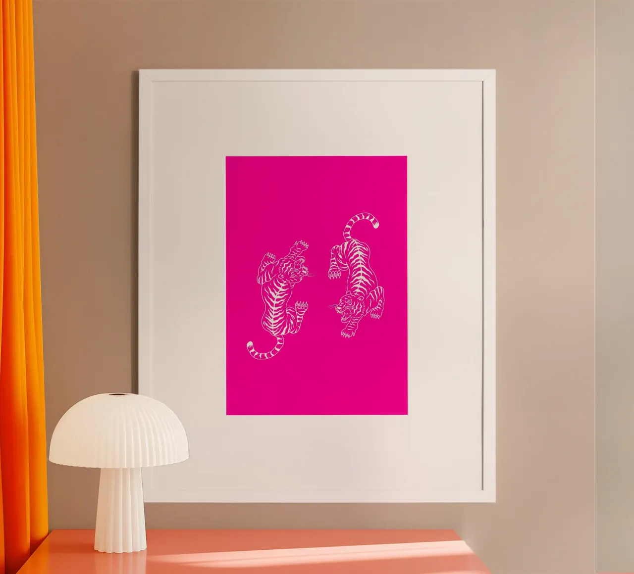 Tigres blancs en ligne de contour Impression pop art rose vif poster de homdeco