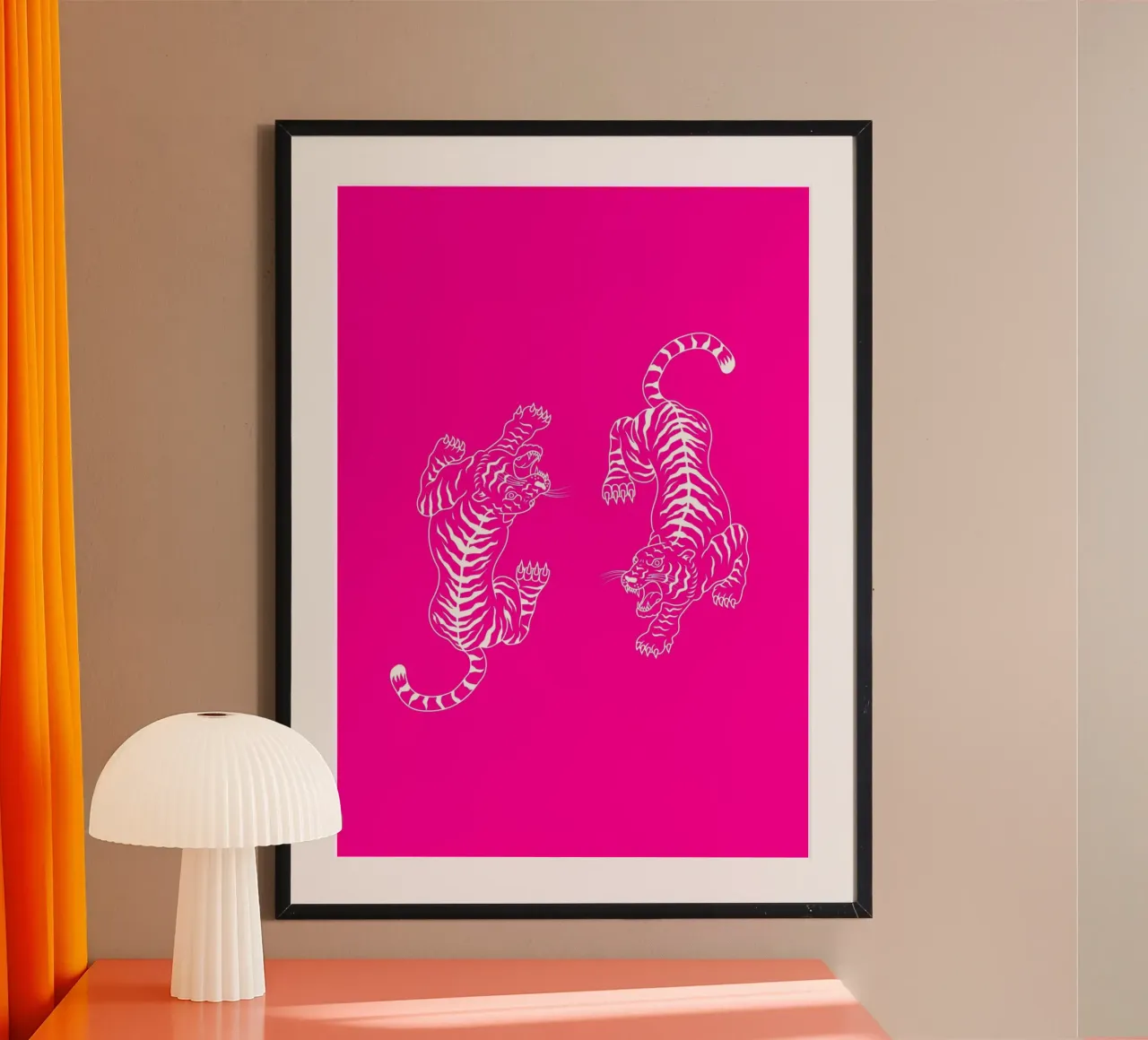 Tigres blancs en ligne de contour Impression pop art rose vif poster de homdeco
