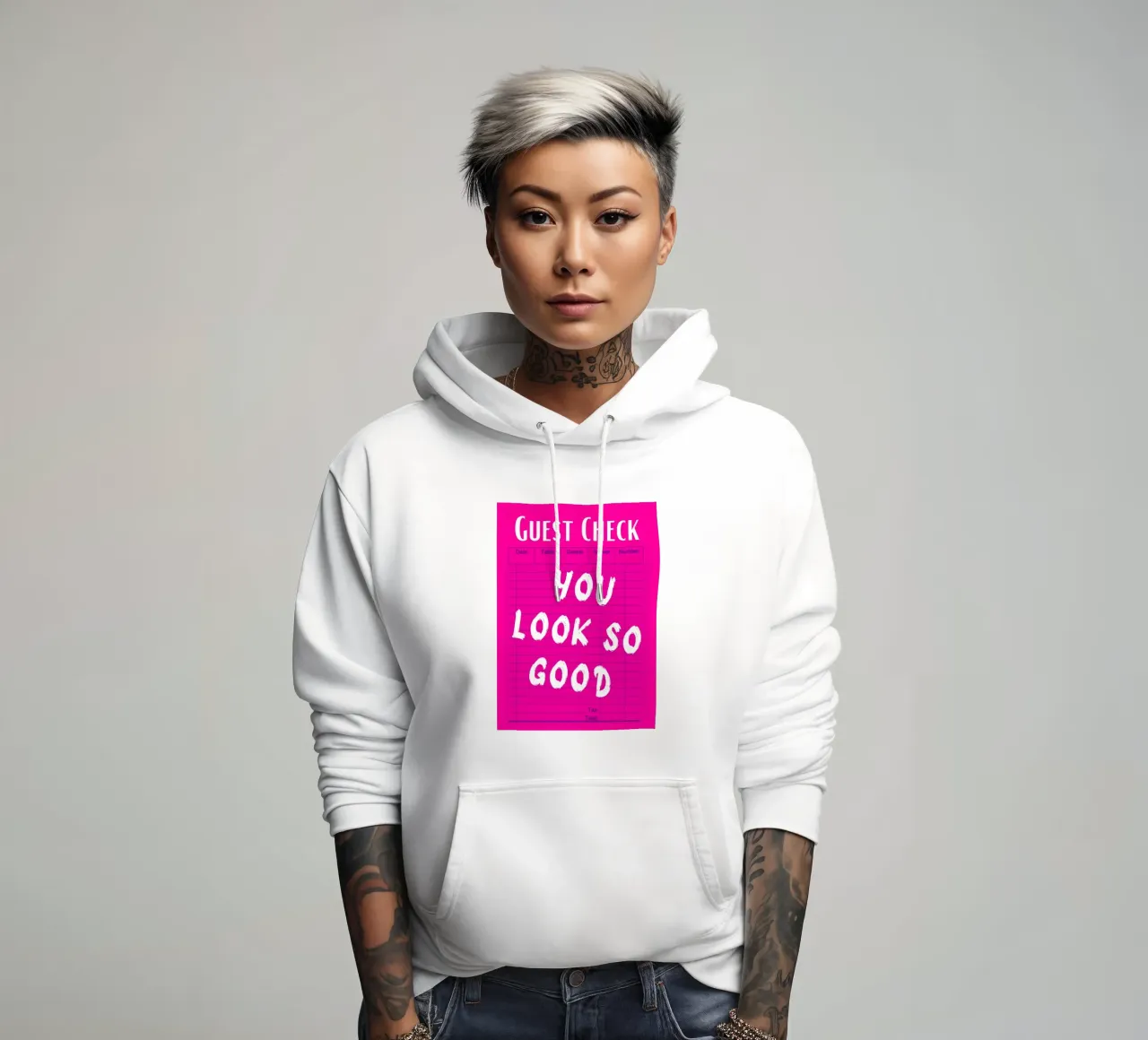 "You Look So Good" Guest Check Impresión rosa sudadera con capucha de homdeco